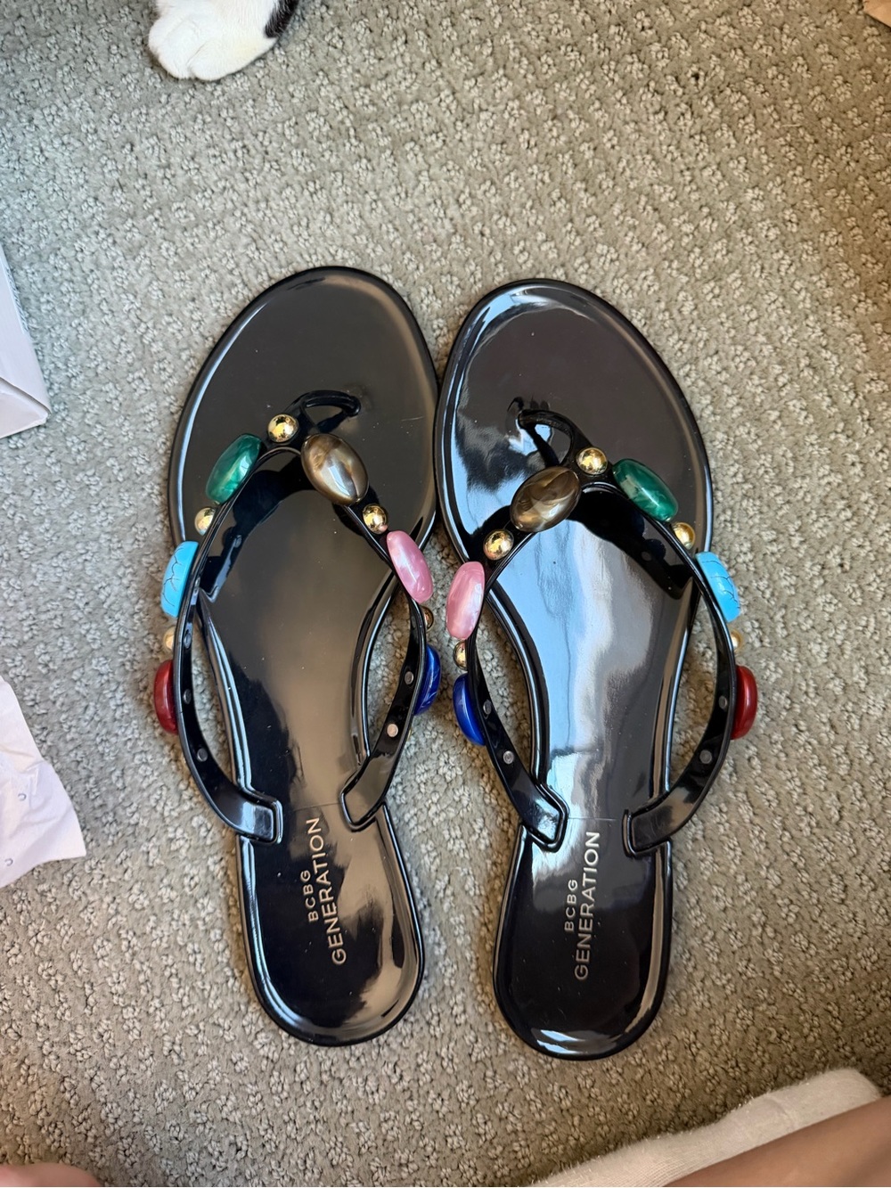 BCBGeneration Black Jelly Sandals with Multicolor Gem Accents